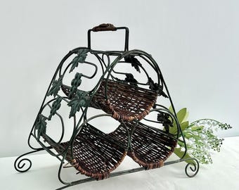 Vintage Wicker and Metal Wine Rack Rustic Bottle Holder Boho Kitchen Decor
