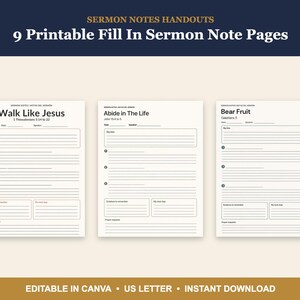 Sermon Notes Printable, Church Handout, Fill In Sermon Notes, Bible Study Notes, Editable Canva Template, 9 Pages, US Letter