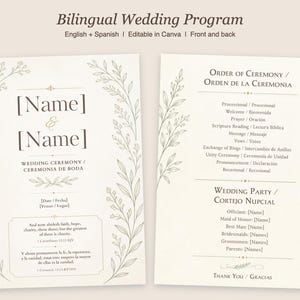 May include: A bilingual wedding program template featuring a cream background with gold botanical illustrations. The front displays Name and Name, Wedding Ceremony, and a Bible verse. The back lists the Order of Ceremony and Wedding Party.