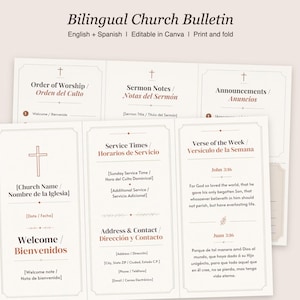 May include: A bilingual church bulletin template featuring English and Spanish text. The layout includes sections for Order of Worship, Sermon Notes, Announcements, Service Times, and Verse of the Week, all accented with cross icons and lines.