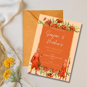 Könnte beinhalten: Eine orangefarbene und goldene Einladungskarte mit einem floralen Design und zwei Cartoon-Figuren in orangefarbenen Roben. Der Text lautet "Sie sind eingeladen zur Bratabandha-Rezeption von Sarjan & Mahir, Sonntag, 14. Juli, 18:00-23:00 Uhr, 2024".