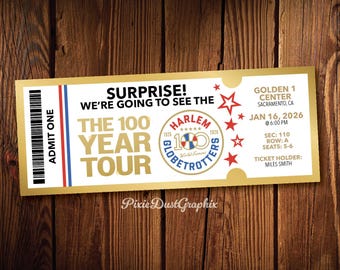 100 Year Harlem Globetrotters Printable Surprise Tickets, Customizable Sports Event