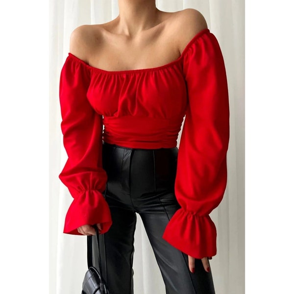 Flexible Crepe Fabric, Ruffled Off-Shoulder Crop Top, Victorian Blouse, Secretary blouse, Streetwear Style