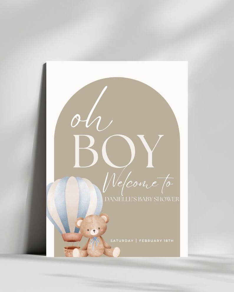 Baby Shower Welcome Sign | Baby Boy | Hot Air Balloon | Teddy Bear ...