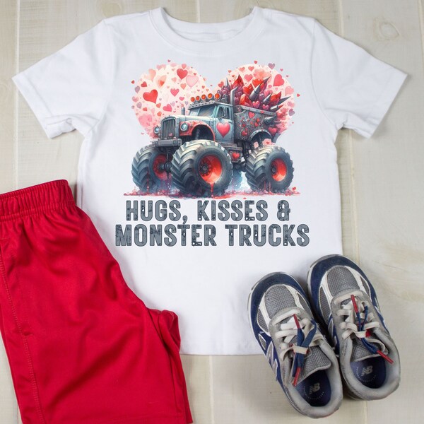 Boys Valentines Day Monster Truck Digital Download, Hugs, Kisses & Monster Trucks Design, Kids Valentine's Day Shirt PNG, SVG, JPG Files.