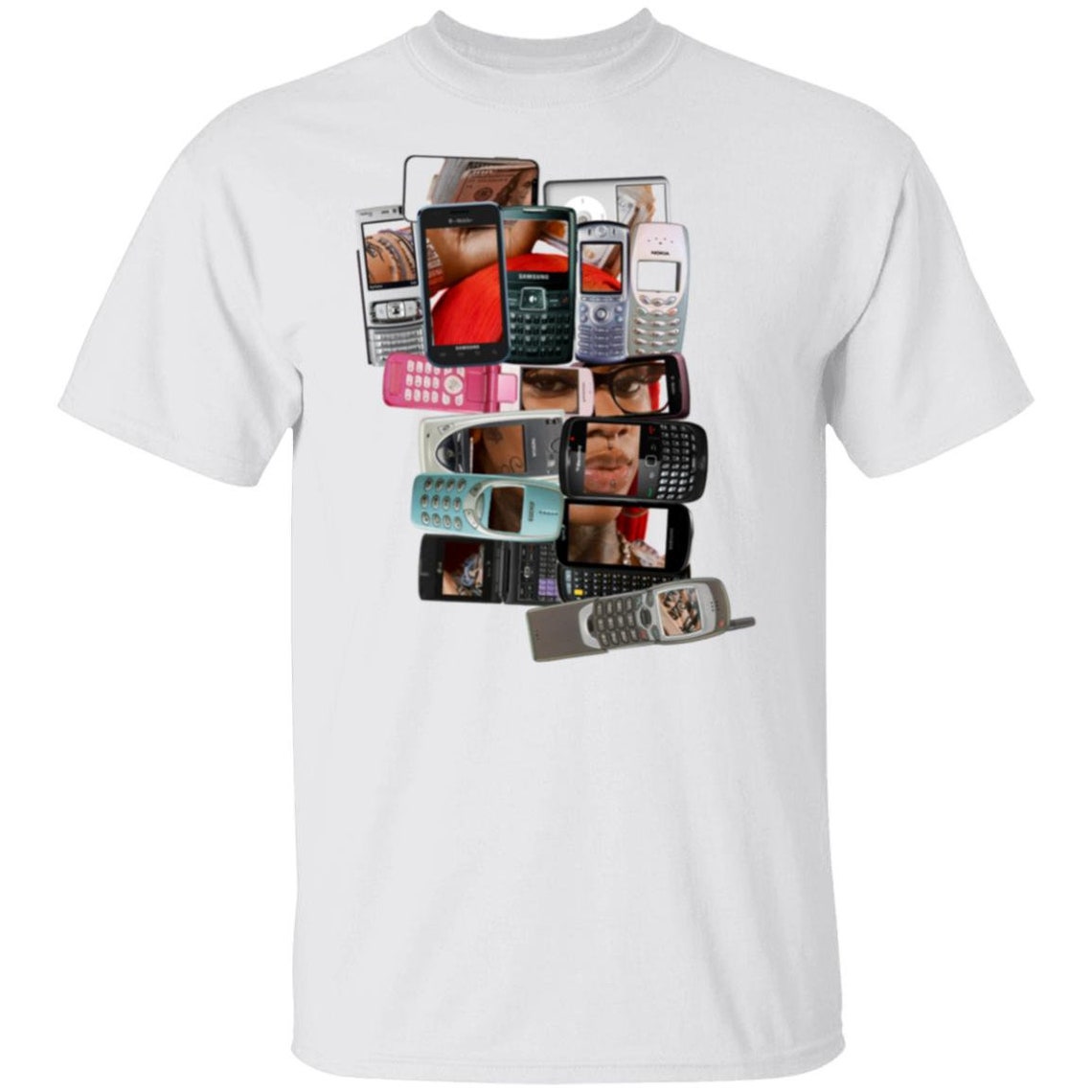 a tee of Sexxy Red the rapper. The shirt depicts her through a collage of phones throughout the years. The back of the tee reads don't call me twin. call me Sexxy