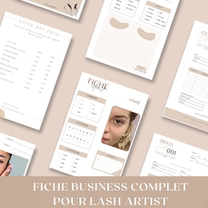 Peut inclure: Une fiche d'affaires pour les artistes en extensions de cils. La fiche comprend des sections pour les informations sur les clients, les détails de l'application des cils et les prix. La fiche est conçue pour aider les artistes en extensions de cils à gérer efficacement leur entreprise.