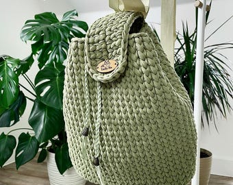 Handmade Olive Crochet Backpack, Crochet Backpack, Backpack for Women, Knitting Yarn Backpack, Gift for her, Knitting Yarn, Lucky Fox