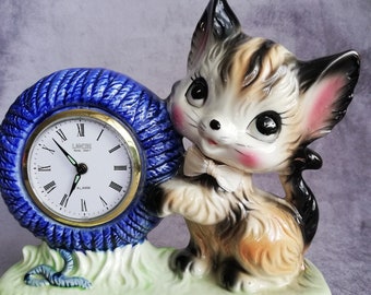 horloge animalière japonaise vintage en céramique kitsch kawaii big eye, horloge chat minou passée, figurines Japon