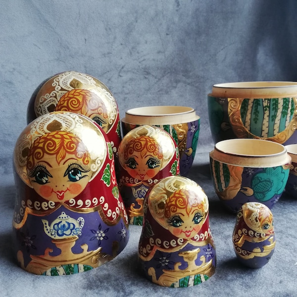 Original russische Puppen. Matroschka.Handgemacht, Handbemalt. UdSSR Seltenes Vintage Puppenspielzeug Aus den 1980er Jahren. Sammlerstück