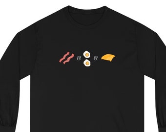 Bacon egg & cheese, breakfast shirt, BEC breakfast sandwich, NYC Breakfast. Printed on an American Apparel long sleeve t-shirt.