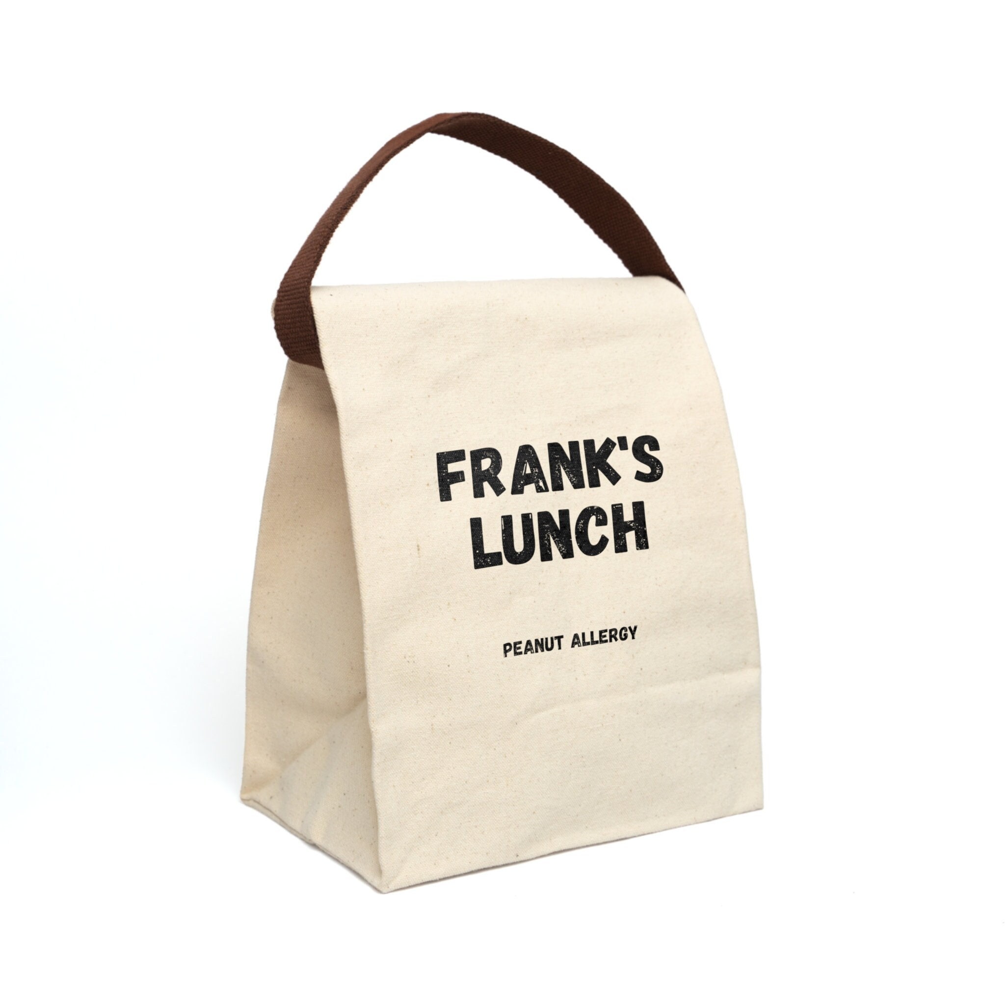 Personalized Canvas Lunch Bag With Strap. Great for school or office. Personalize your name, an allergy warning, or anything.