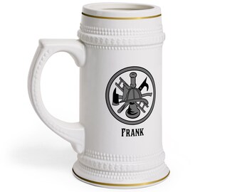 Personalized firefighter beer stein. Great firefighter wedding or groomsmen gift. 22 ounce ceramic mug. Dishwasher safe.