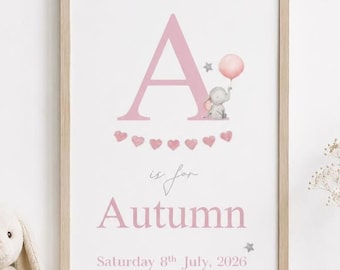 Personalized Baby Name Initial Print Girl Pink Elephant Decor (A4 Print or PDF only)
