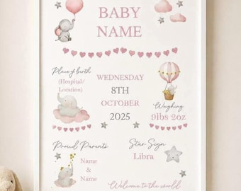 Personalised Pink Elephant Baby Birth Print, Nursery Decor (A4 Print or PDF)