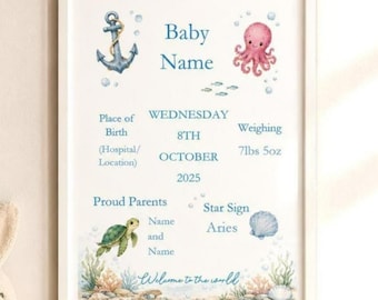 Personalised Ocean Sea Print, Neutral, Baby Keepsake Nursery Decor (A4 Print or PDF)