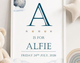 Personalized Baby Initial Print Space Moon Decor (A4 Print or PDF only)