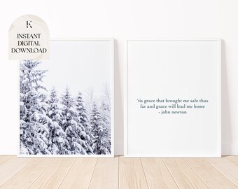 Amazing Grace Digital Download, Winter Landscape Photography, John Newton Quote, Christian Wall Hanging