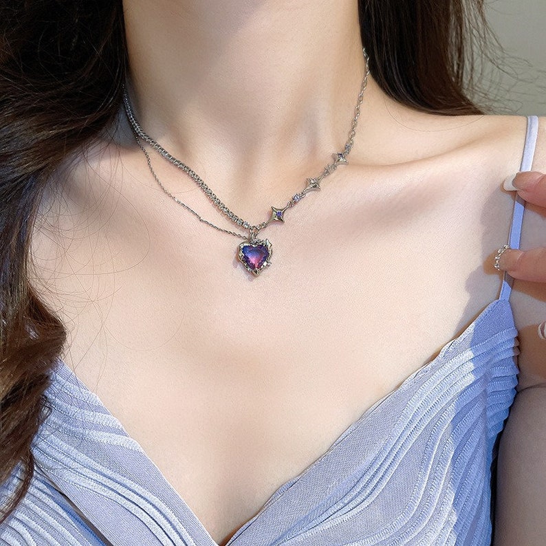 Y2K Crystal Heart Grunge Necklace Star Studded Heart Drop Etsy