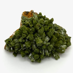 May include: A vibrant green mineral specimen with a cluster of needle-like crystals radiating outwards. The crystals are a deep, rich green color, and the base of the specimen has a mix of brown and tan hues. The mineral is set against a clean white background.