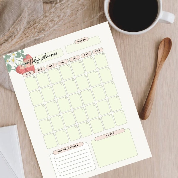 Monthly Planner Printable, Instant Download, Monthly Schedule, Cute Planner Printable, Strawberries, PDF, *Canva Pro Template