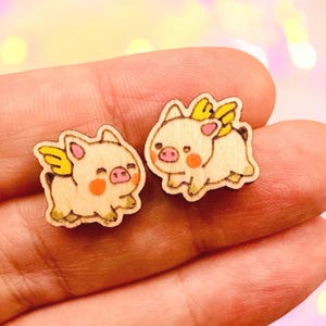 Hand Painted Flying Pig Earrings: Laser Cut Birch Wood Kawaii Jewelry