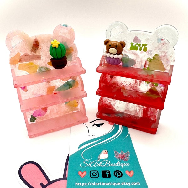 kawaii mini Tiny Teddy Display shelf decor handmade in resin with seashell flakes and glitter /Gift Ideas perfect for kids and kawaii lovers