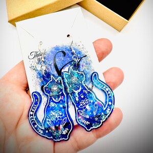 Celestial Cat Earrings - Blue Gothic Resin Earrings | Mystical Kitties Jewelry | Gift for Her | Handmade Galaxy Cat Dangle Earrings