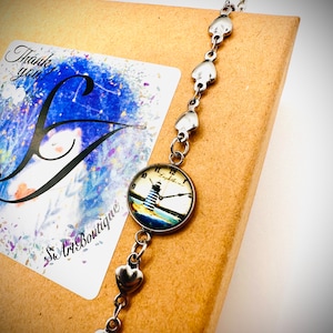 Lighthouse Bracelet – Nautical Stainless Steel Jewelry with Glass Cabochon | Sea Lover Gift, Coastal Friend Present