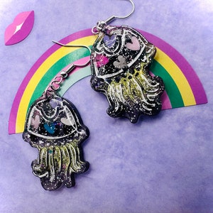 jellyfish earrings unique dangle handmade in resin hypoallergenic hooks, ocean life fun holidays sea life / beach vibes earring gift for her
