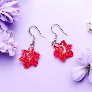 Lily Flower Gift Pink Earrings Spring Jewelry | Handmade Resin Floral Dangle | Statement Earrings | Gift for Her Lightweight and Nickel Free