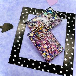 Retro Cassette tapes 80s 90s music vintage hypoallergenic hooks Dangle earring made in resin glittered Funky fun cute & quirky kawaii style