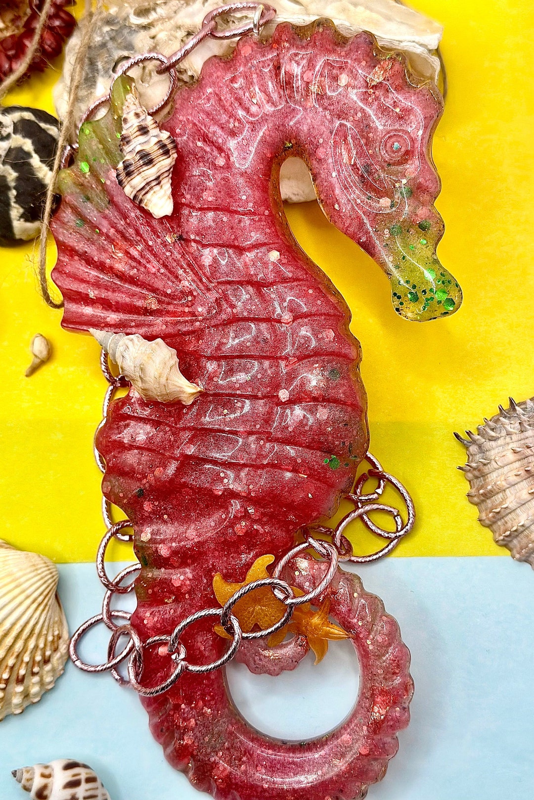 Pink SEAHORSE With Seashell Epoxy Resin Wall Decor/ Hangings Ornaments Pink Colours Gift or