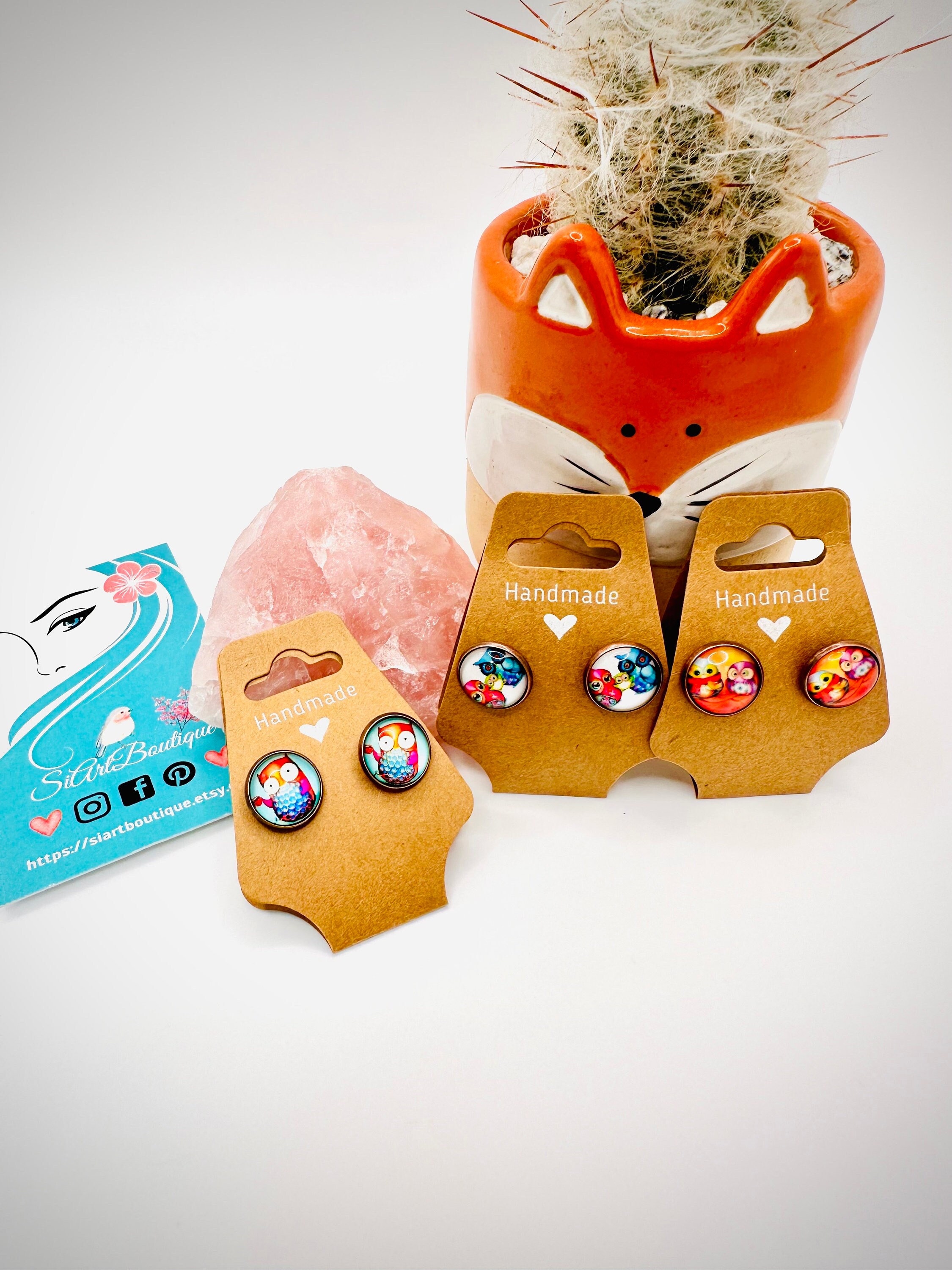 Owl Vintage Colourful stud cabochon earrings Look Antique stainless Copper studs, glass cabochon, su
