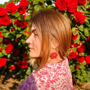 Red Rose Dangle Earrings – Acrylic Floral Jewelry | Laser Cut Flower Earrings | Romantic Gift for Her | Bold Handmade Lightweight Statement