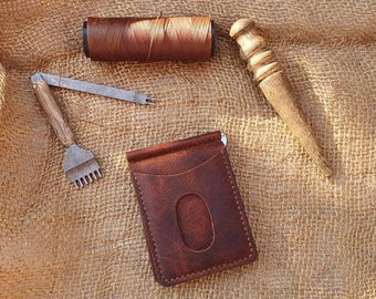 Cartera de cuero hecha a mano - Tarjetero delgado personalizado hecho a mano - Tarjetero plegable práctico - Billetera minimalista con clip para billetes para hombre