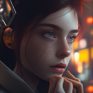 Puede incluir: Un retrato de cerca de una mujer con cabello largo y castaño, usando un auricular. Tiene ojos azules y mira hacia un lado. El fondo está desenfocado y fuera de foco, con luces cálidas, naranjas y amarillas.