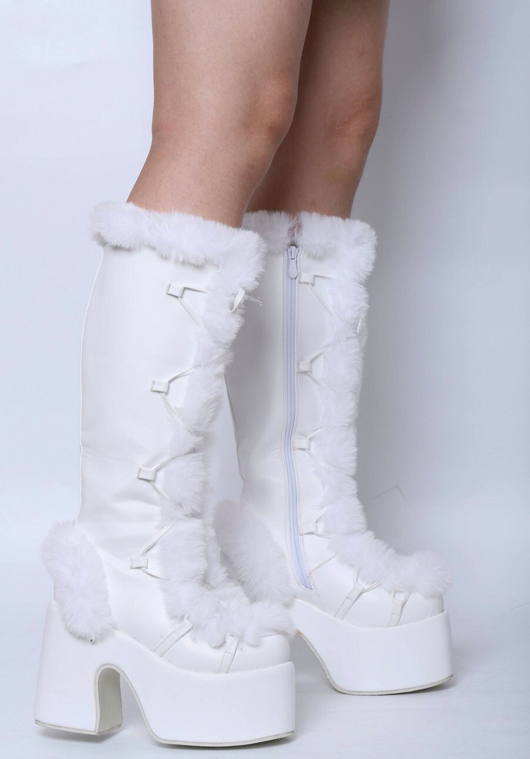 Womens Chunky White Knee High Platform Boots Etsy