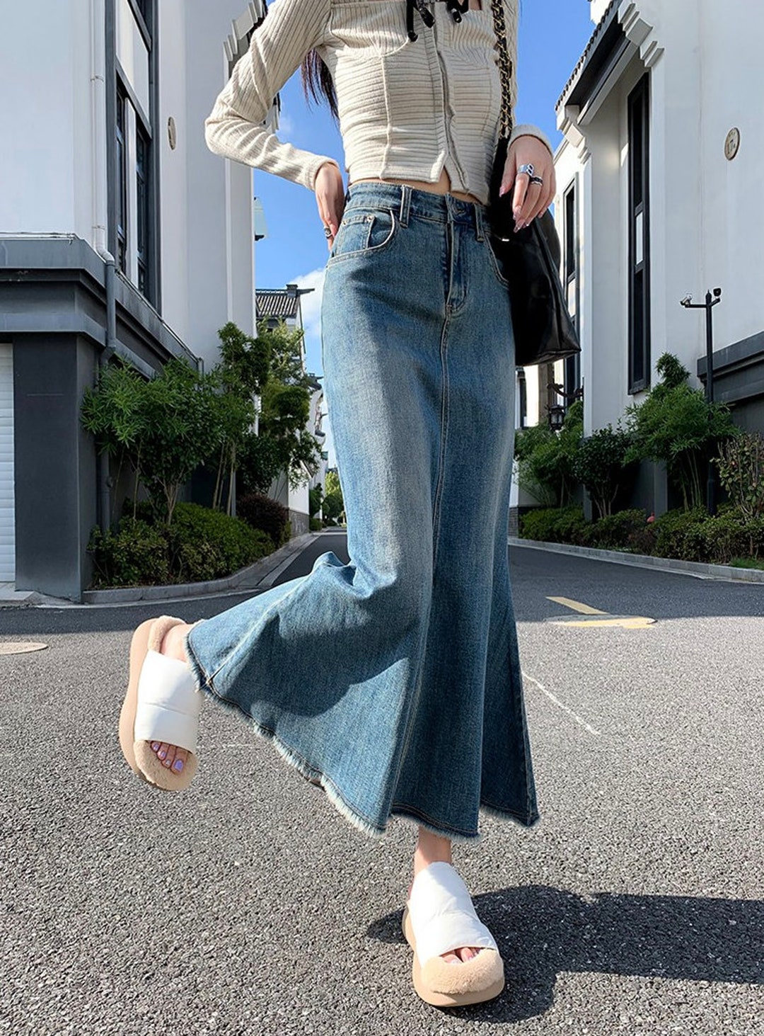 Y2K Aesthetic Casual Denim Midi Skirt - Etsy