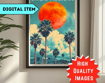 Tropical Sunset Wall Art - Retro Beach Landscape Print - Aesthetic AI Artwork with Mountains & Palm Trees - Vintage Summer Vibes Home Decor