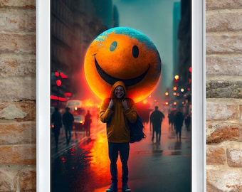Smiley Face AI Wall Art Print | Kleurrijke en levendige digitale download voor Home Decor, Instant Download Smiley Face Art, Surreal Wall Art