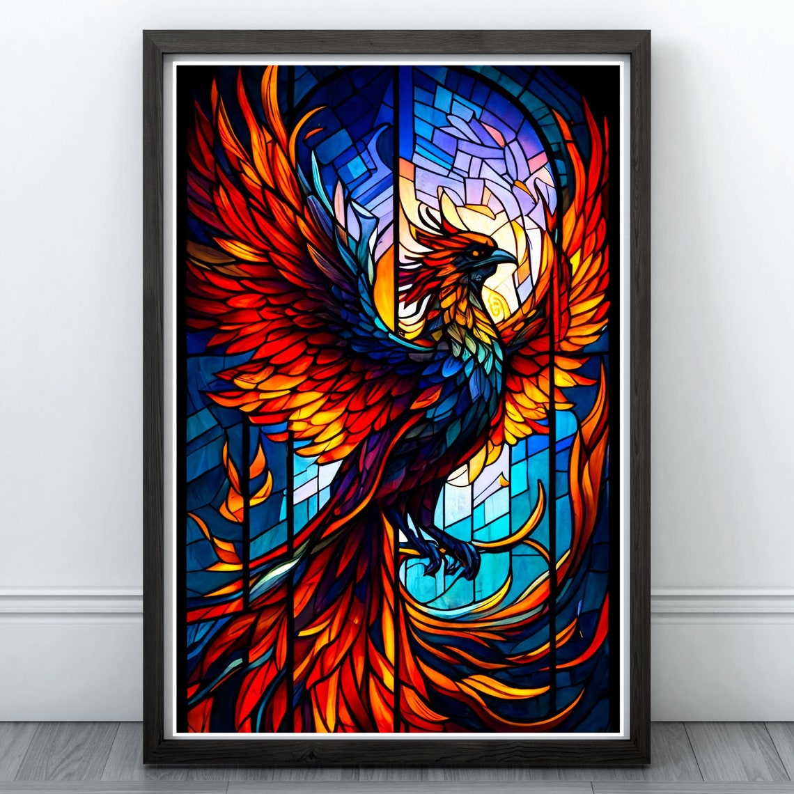 Phoenix Stained Glass AI Wall Art Print Unique Home Decor, Phoenix