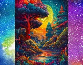 Tie-Dye natuurscène AI-gegenereerd in Vaporwave | Unieke Wall Art Print | Psychedelische natuurscène Art Print | AI-gegenereerde digitale kunst aan de muur