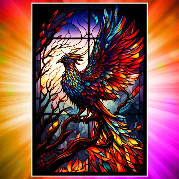 Stunning Phoenix Stained Glass Art | Unique AI-Generated Design for Home Decor | Phoenix AI Art Print | Stunning Digital Wall Art Download