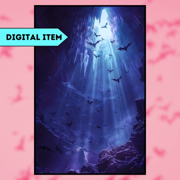 Enchanting Cave View AI Digital Art: Bat Flight & Light Beams | Surreal Cave Scene | Unique Digital Print | Home Decor and Wall Art