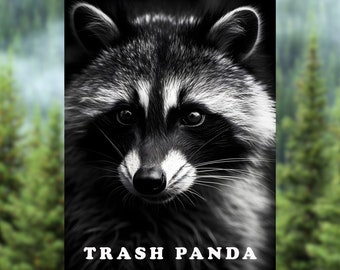 Unique AI Digital Art: Monochrome Raccoon Print with 'Trash Panda' Typography - Contemporary Wildlife Wall Decor for Home or Office