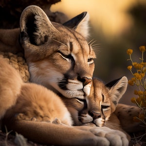 Puma z młodym Fotografia przyrodnicza - Pobieranie wydruków cyfrowych - Zdjęcia z bliska pumy i młodych - Puma, Puma - Fotografie dzikiej przyrody