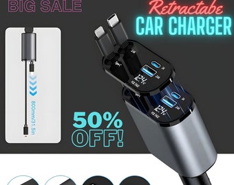 Super Fast 4 in 1 Car Charger - Charge Apple & Type C Devices, Digital Display, Telescopic Cable - Stay Powered on the Go!