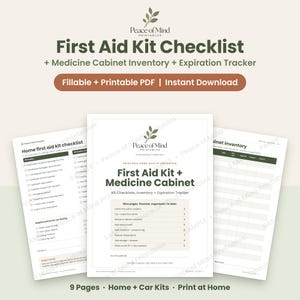 Lista de verificación del botiquín de primeros auxilios imprimible, inventario del botiquín en formato PDF rellenable, registro de vencimiento de medicamentos, lista de botiquín de primeros auxilios para el coche.