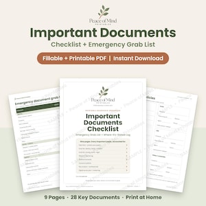 May include: A printable household organizer titled Important Documents Checklist and Emergency Grab List. The document set includes nine pages with sections for identity, family, medical, and insurance policies, featuring a green leaf logo.
